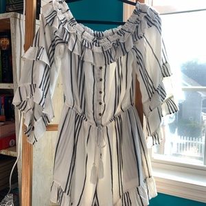 American Eagle White and Navy Striped Romper